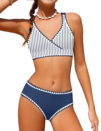 Image of KANGKANG Girls Swimsuit Bikini Set Solid Color V-Neck Two Piece Bathing Suit with Chest Pad Adjustable Straps Swimwear 7-16T