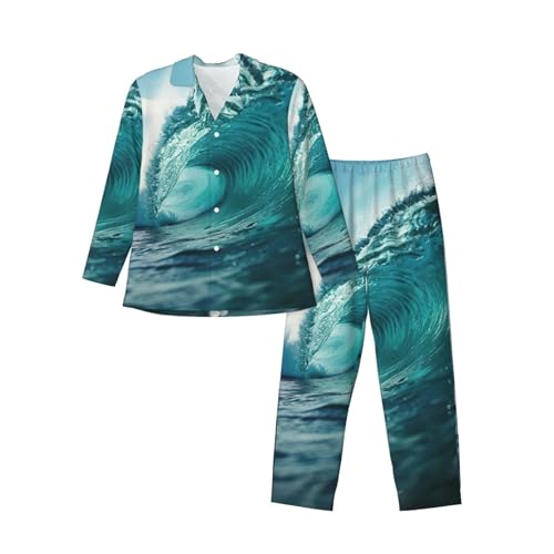 Pyjama homme manches longues imprimé vague vert océan en coton doux