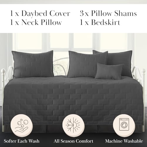 Image of Southshore Fine Living, Inc. Twin Day Bed Comforter Sets, 6-Piece Trundle Bed Bedding Set with Bedspread, 3 Pillow Shams, Bedskirt, Throw Pillow - DayBed Cover Sets, Brickyard Slate Grey