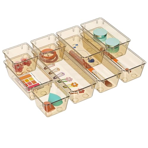 Image of WOWBOX 9 Pack Clear Drawer Organizer Set, Acrylic Drawer Storage Trays, Storage Bins for Makeup, Cosmetics, Jewelries, Utensils, Gadgets, Office, Champagne
