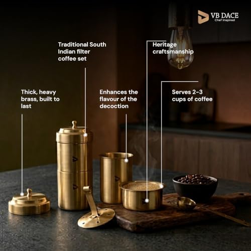 Image of VB DACE Traditional Brass Coffee Filter, 250 ml, Heavy-Gauge Brass South Indian Coffee Maker, Reusable Manual Coffee Drip Filter, Serves 2-3 Cups