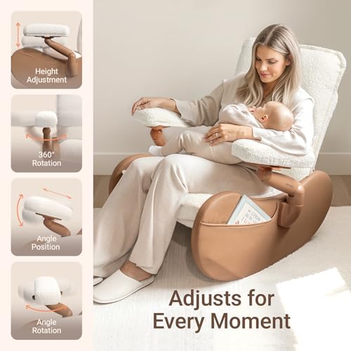 Image of MAMAZING Lullabud Nursery Rocking Chair with Adjustable Armrests for Living Room, Upholstered Nursing Chair with Removable Cover for Breastfeeding(Brown /Beige)