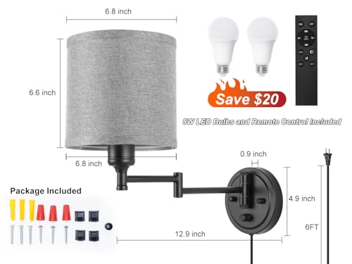 Image of Plug in Wall Sconces with Remote Control, Dimming 10%-100% & Adjustable Colors 2700K-6500K, Hardwire or Plug-in, Swing Arm Wall Lamp with Gray Fabric Shade, Wall Sconces Set of Two, Black Finish