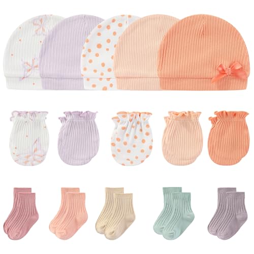 Image of MAMIMAKA Newborn Baby Boy Girl Caps Mittens Socks Set Cotton Baby Essentials Accessories (Hats+Gloves+Socks)