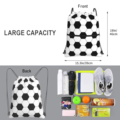 Image of Outdoor Sports Soccer Drawstring Bag, Waterproof Drawstring Backpack for Gym Sports Teams Soccer Party, Men Women Black White Durable Cinch Bag with Front Zipper Pocket and Inside Zipper Pocket