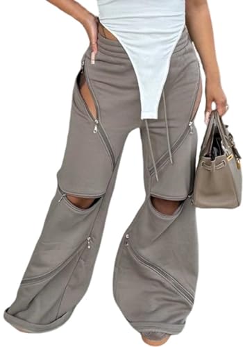 DINGANG Women Wide Leg Baggy Sweatpants High Waisted Flare Pants Y2K Multi Zipper Drawstring Cargo Sweatpant