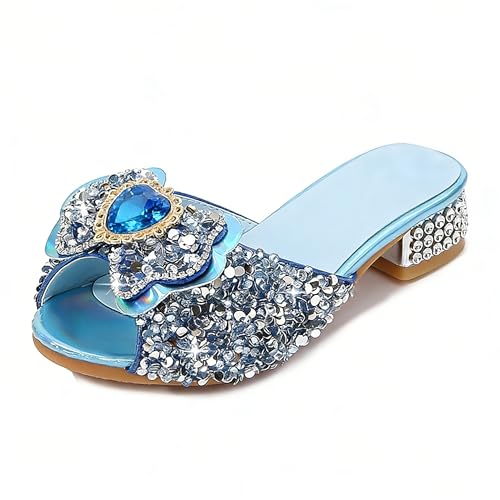 Monissy Princesse Fille Chaussures à Talon Haut Pantoufle Argenté Paillette Noeud Elsa Badge Semelle Elsa Imprimé Reine des Neiges Sandale Bouche de Poisson...