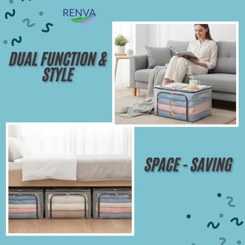 Image of RENVA polycotton Clothes Storage Organizer Bins, Foldable Storage Bins-Cloth Steel Frame Storage Box with Foldable Clear Window & Reinforced Handles 50 * 40 * 30CM. (Transparent, 66L-1)