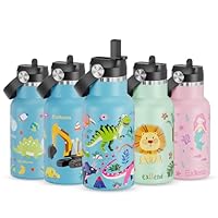 Exllena 350ml Stainless Steel Water Bottle Kids BPA Free with Straw - 100% Leakproof - Kids Insulated Water Bottle with Handle Lid - Easy to Use for Toddlers Girls Boys (Dinosaur World)