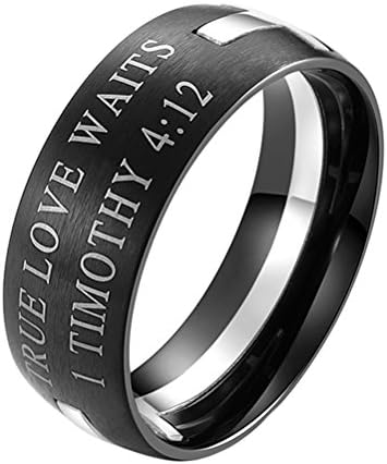 Men's Stainless Steel 8MM Bible Verse Christian Purity Cross Ring Band 1 Timothy 4:12