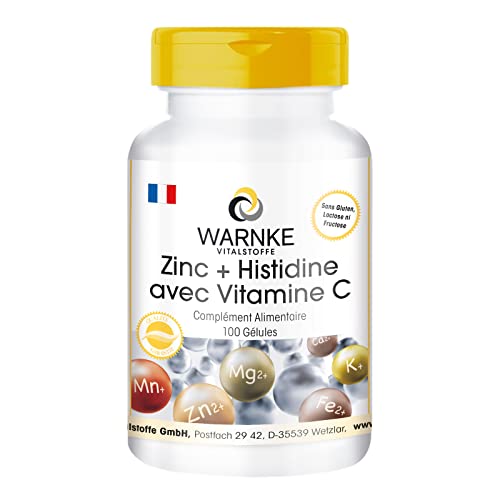Zinc + Histidine + Vitamine C - dosage élevé - 300mg de Vitamine C & 10mg de Zinc par gélule - végétalien - 100 gélules | Warnke Vitalstoffe - Qualité des pharmacies allemandes