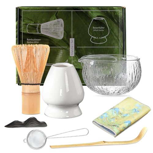 7Pcs Matcha Whisk Set, 500ml Ceramic Bowl, Matcha Kit for Ceremony, Matcha Tea Set for Making Breakfast/Latte, Matcha Tea Set for Tea Lovers, Beginners and Enthusiasts, Glass-Clear Bowl