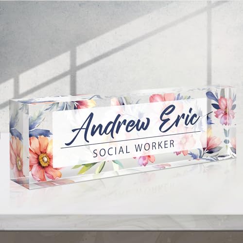Custom Name Plate for Desk - Acrylic Desk Accessories Desk Name Plate Personalized - Office Personalized Gifts for Coworkers Boss Lady Nurse Social Woker Employee Appreciation Gifts (Colorful Flower2)
