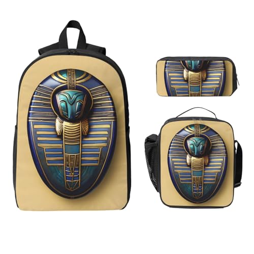 Egyptian Scarabs print Shoulder Bookbags Lunch Bag and Pen Case 17 inches Backpack with Lunch Box, Cute Bookbag Set2
