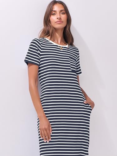 Image of ANRABESS Womens Midi Dress,Summer Long Tshirts Dresses,Short Sleeve Split Stripe,Comfy Travel Beach Vacation Casual Wear