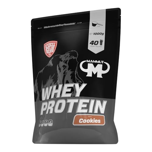 Mammut Nutrition Whey Protein Pulver Cookies – 1kg – 27g Protein pro Portion – Eiweißpulver mit hohem BCAA-Anteil – Perfekte Löslichkeit in Wasser & Milch – Ideale Zwischenmahlzeit