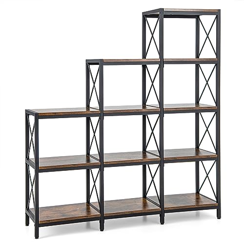 COSTWAY 4-Tier Bookshelf, 9 Cubes Bookcase Storage Shelving Unit with Carbon Steel Frame, Anti-Tipping Kits and Adjustable Foot Pads, Display Rack Shelf for Home Office, Living Room & Bedroom