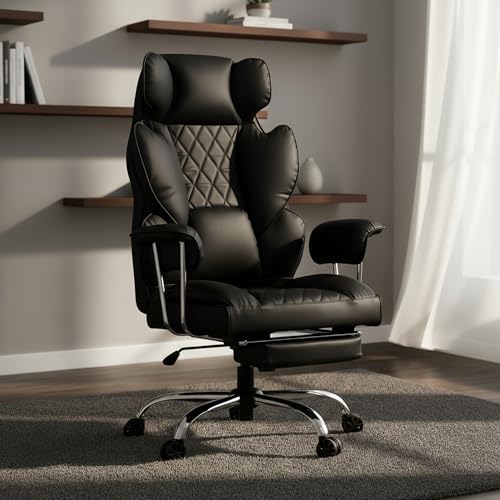Image of DROGO Ergonomic Office Chair for Work from Home 400LBS, PU Leather Computer Chair for Study with High Back, Cushion Seat, Armrest, Head & Lumbar Support | Gaming Chair with Footrest & Recline (Black)