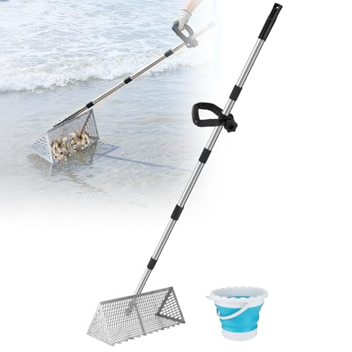 69in Effortless Sand Flea Rake with Bucket - Shark Tooth Sifter with Non-Slip Long Handle Metal Sand Sifter Shelling Tools for Beach