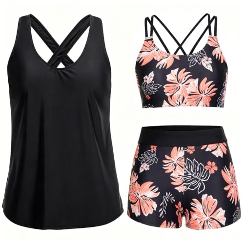 Image of Women's 3 Piece Tankini Swimsuit Tummy Control Bathing Suit with Boy Shorts