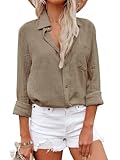 Aoudery Womens Button Down Shirts Cotton Dress Shirt Long Sleeve Oversized Boyfriend Solid Tunic Tops with Pockets -Khaki L