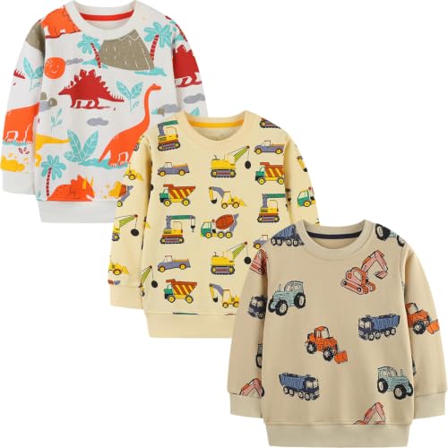 Image of GFQLONG Toddler Boy Sweatshirt 2T 3T 4T 5T Long Sleeve Shirts Boys Sweater | cotton dinosaur cartoon pullover crewneck sweatshirt,toddler boy sweaters tops,kids fall winter clothes