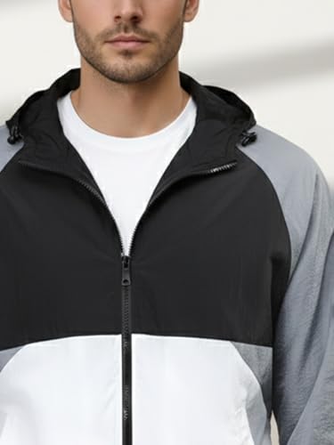 Image of CHKOKKO Mens Stylish Oversized Windcheater Jacket with Zip Closure Lightweight Sportswear for Running Travel Hiking Outdoor and Rainy Season Wear BlackWhiteGREY XXL