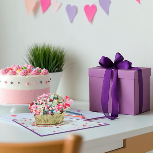 Pink and White Tulip Basket Pop Up Cards,Paper Flower Bouquet Greeting Cards with Blank Note Card & Envelope, gift for celebrating Love, Birthday, Anniversary, Special Moments, Valentine's Day - Image 5