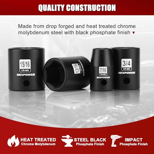 MIXPOWER 19 Piece 1/2-Inch Drive Standard Impact Socket Set, SAE, Shallow, 3/8" to 1-1/2", Cr-Mo Alloy Steel, Radius Corner Design, Impact Grade - Thumbnail 4