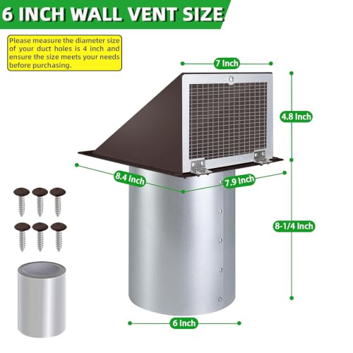6 Inch Hooded Wall Vent with Screen and Damper,6 Inch Exhaust Vent Cover Cap for Outdoor Kitchen Range Hood Dryer Ventilation,Outside Wall Mount Extractor for House Air Exhaust, Galvanized Steel,Brown by JYINCPED - Used condition - Image 5