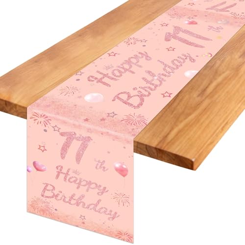 Tischläufer Deko 11 Geburtstag Mädchen Roségold,Bunt Happy Birthday Tischdecke,Happy Birthday Tischläufer zum Geburtstag,TischdekoGeburtstag für Junge Mädchen.180 X 35 cm