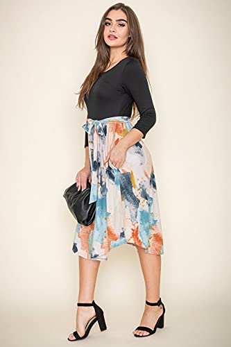 Image of Eloges Women's 3 /4 Sleeve Contrast Waist Band Floral Curved Hem Midi Dress