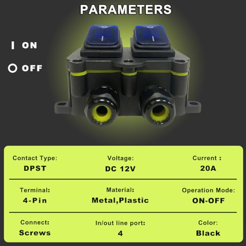 MKBKLLJY IP68 Waterproof Inline Cord Switch DPST DC 12V 20A 4 Pin 2 Position Toggle Switch Outdoor Waterproof Box Two Side Entry And Exit Line ON/OFF With Blue Light KCD4 Screws Heat Shrink Tubing - Image 2