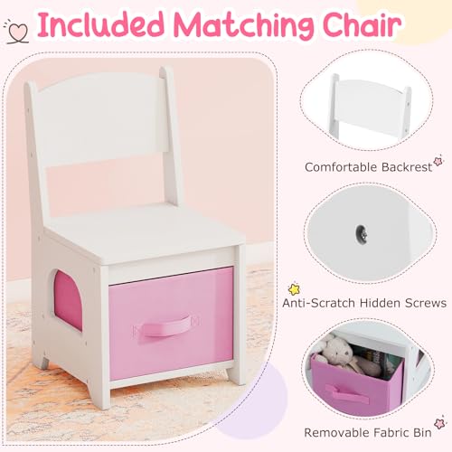 Image of Costzon Kids Vanity with Lights, Girls Vanity Set with Mirror Cabinet, Storage Drawers, Hooks & Shelves, Toddler Makeup Vanity Desk Dressing Table, Wooden Kids Vanity Table and Chair Set (White)