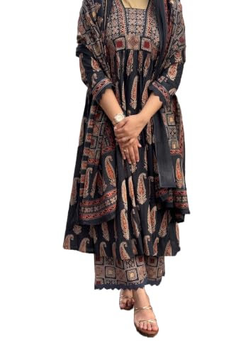 Nermosa Women's Printed Anarkali Kurta Palazzo Set with Dupatta (IN, Alpha, L, Regular, Black) Deal