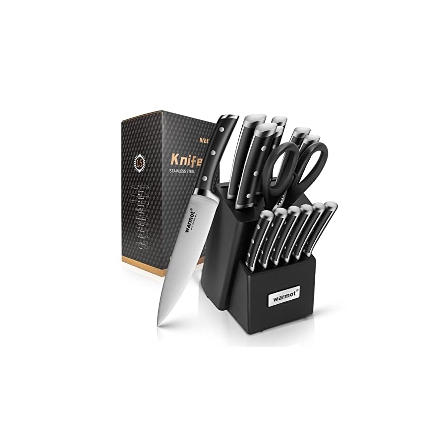 Kitchen-Knife-Set-with-Block-Warmot-15-Pcs-Ultra-Sharp-Chef-Knife-Set-Full-Tang-Knife-Set-with-Knife-Sharpener-High-Carbon-Stainless-Steel-Knife-Block-Set-Triple-Riveted-Handle Warmot® Kitchen Knife Set, 15 Pieces Knife Set Chef with Knife Sharpener Block, Ultra Sharp German Stainless Steel Knife Set Ergonomic Handle, Silver