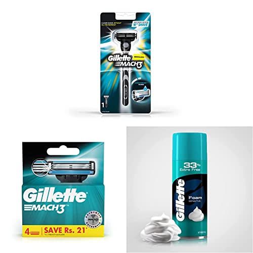 Image of Gillette Mach3 Razor Combo - 1 Count, 4 Manual Shaving Blades, and Sensitive Skin Shave Foam 418g