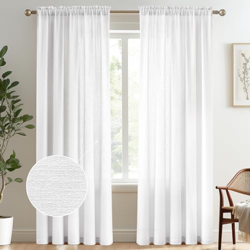 Image of Melodieux White Semi Sheer Curtains 96 Inches Long for Living Room - Linen Look Bedroom Rod Pocket Voile Drapes, 52 by 96 Inch (2 Panels)