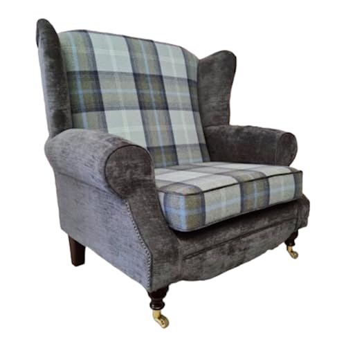 Image of Metro Furniture Snuggle Chair Fireside Cottage Chair EXTRA WIDE - Balmoral Oxford Blue Tartan/Plain Grey Frame Tartan Fabric - Standing on Dark Wood Brass Castor Legs