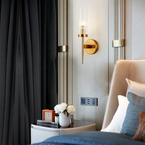 Image of Golden Mini Torchiere Wall Sconce with Fluted Cylindrical Glass for Decorative Living (Antique Finish, 01)