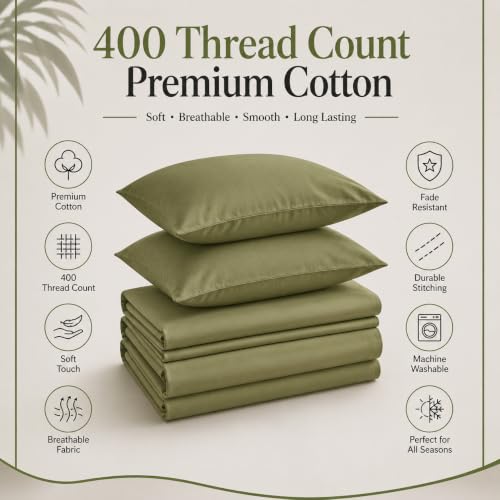 Image of LINENWALAS 100% Cotton Fitted Bedsheet, 400tc Long Staple Imported Egyptian Cotton, Premium Bed Sheet with Pillowcase for Queen Bed All-Around Elastic for 4-8 Inch Mattresses (60 inch x78 inch, Moss Green)