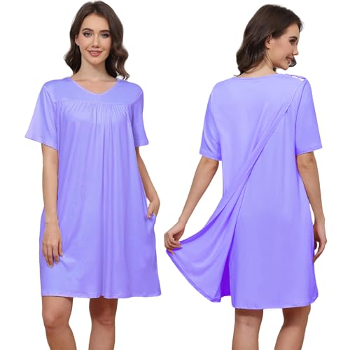 Image of Hospital Gowns for Women Open Back Tear Away Snap Post shoulder Dress Short Sleeve Soft Adaptive Clothing with Pockets