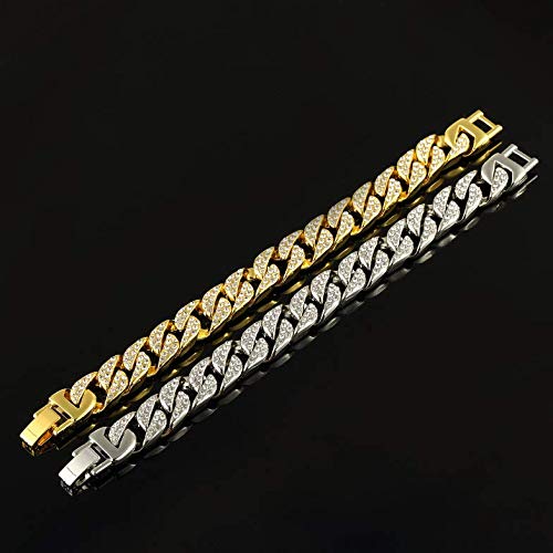 Aijian Mens Womens Cuban Link Bracelet Hip Hop Bracelet Stainless Steel Chain Bracelet Iced Out Curb Cuban 18K Gold Plated Bracelet With Clear Rhinestones (Silver) #TOP6