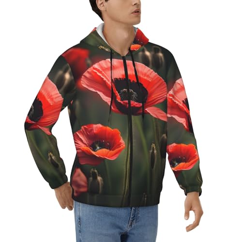 Sweat à capuche pour homme avec fermeture éclair et cordon motif coquelicot rouge