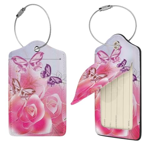 Étiquette bagage cuir roses et papillons avec boucle inox
