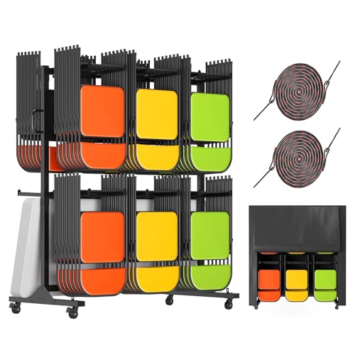 Albott Folding Chair Rack 24 Tables or 84 Chairs Storage 1100 LBS Capacity Heavy-Duty Folding Chair Cart with Wheels, 2 Elastic Cords, Cover, Glossy Black