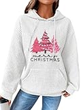 Womens Hoodies Drawstring Christmas Tree Printed Hooded Pullover Waffle Sweatshirts for Women Long Sleeve Top with Pocket