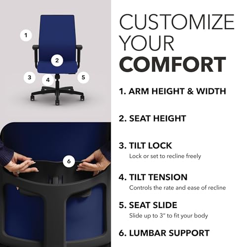 Image of HON Ignition 2.0 Mid‑Back Ergonomic Office Chair, Mesh Task Desk Chair with Lumbar Support, Standard Synchro‑Tilt, Height and Width Adjustable Arms, Black Frame, Cobalt