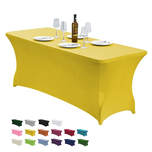 Image of CWK 4FT Waterproof Stretch Spandex Table Cover for Rectangular Tables - Elastic Fitted Tablecloth for Folding Tables,Wrinkle Resistant Table Cloth for Parties, Weddings, Banquets & Events (Yellow)