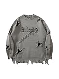 BEAUDRM Men's Grunge Letter Graphic Sweater Unisex Gothic Ripped Baggy Sweater Y2K Crewneck Long Sleeve Knit Tops Streetwear Grey X-Large